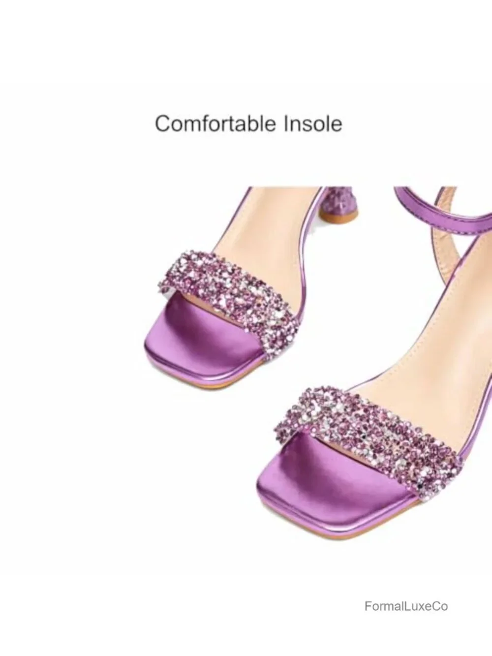 Rhinestone Ankle Strap Heeled Sandals Mid-Heel Square Toe Prom Sandals
